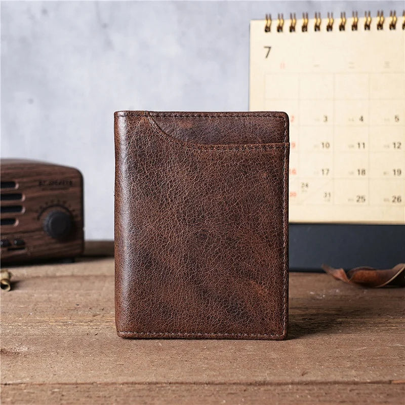 محفظة رجالية رفيعة من الجلد الطبيعي مزودة بخاصية RFID ومحفظة ثنائية الطي للرجال مزودة بجيب أمامي عتيق وحامل بطاقات متعدد وحقيبة بمشبك نقود ومحفظة لبطاقة الهوية 