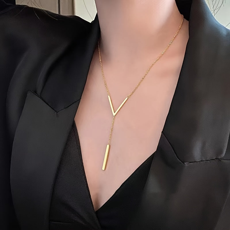 1pc Elegant V-Neck Long Pendant Necklace for Women - Minimalist Alloy Pendant for All Occasions