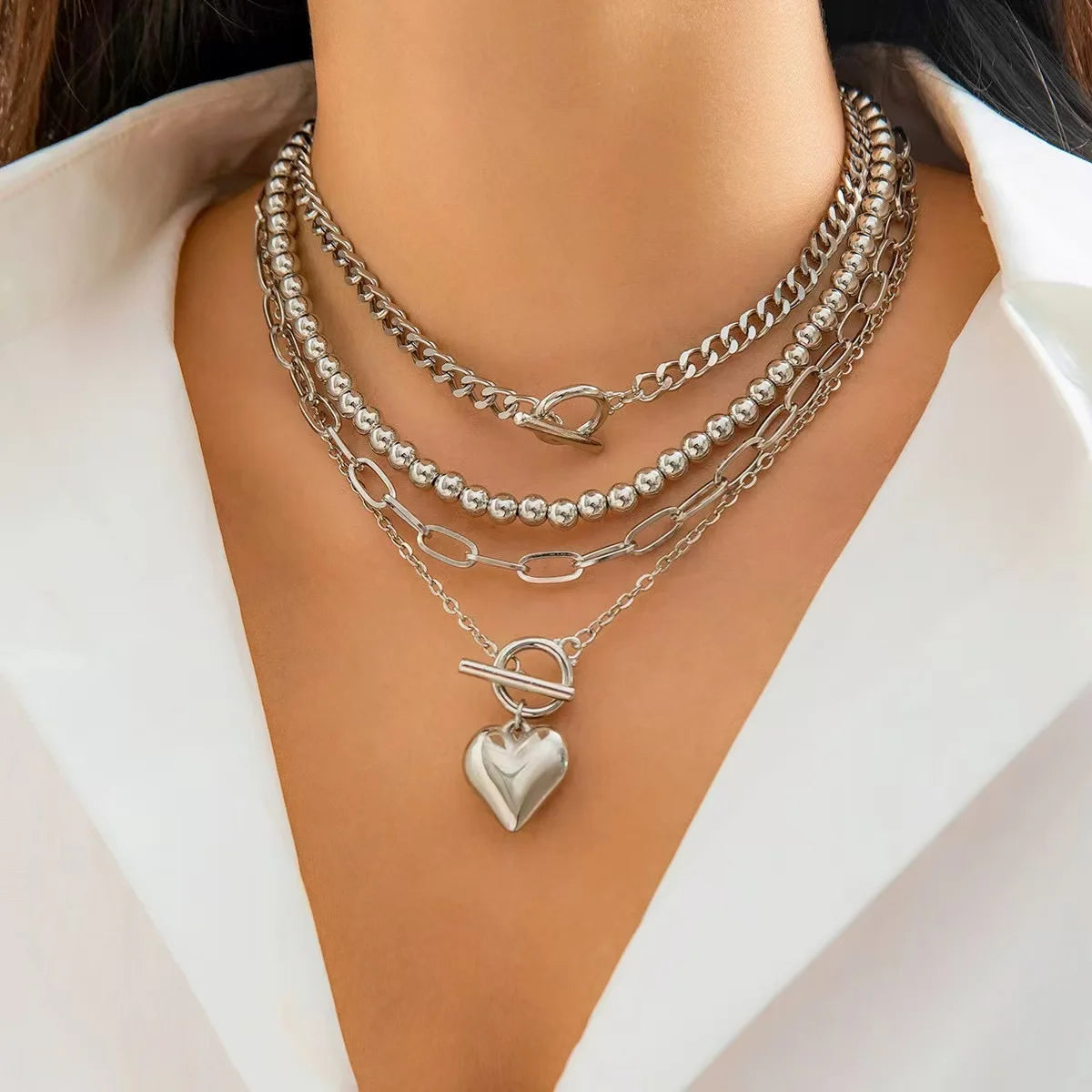 Big Ball Beaded Chain with Dmulti-layer Heart Pendant Necklace for Women Trendy Ladies Beades Collar on Neck Accessories Gift