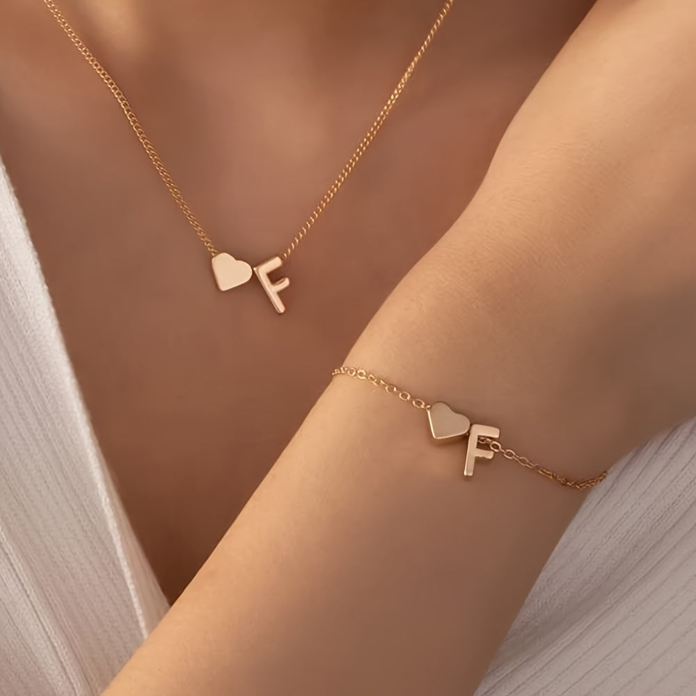 A Stylish And Minimalist Two-Piece Set Featuring a Metal Heart And English Letter Necklace And Bracelet, Perfect for Everyday Commuting Wear.