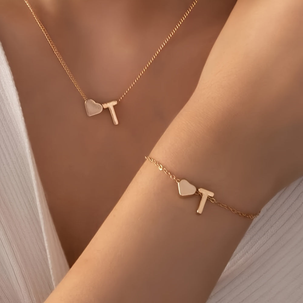 A Stylish And Minimalist Two-Piece Set Featuring a Metal Heart And English Letter Necklace And Bracelet, Perfect for Everyday Commuting Wear.