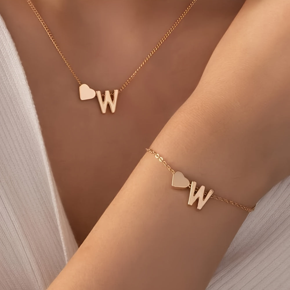 A Stylish And Minimalist Two-Piece Set Featuring a Metal Heart And English Letter Necklace And Bracelet, Perfect for Everyday Commuting Wear.