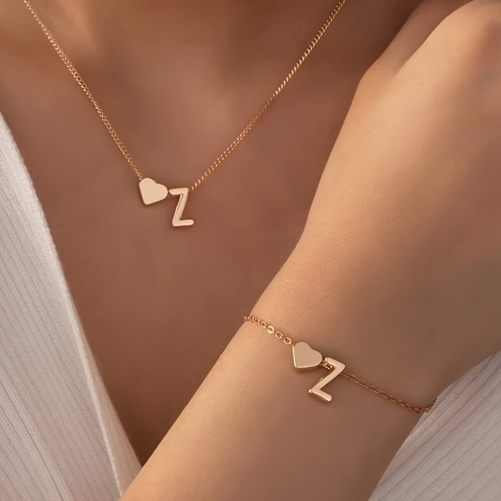 A Stylish And Minimalist Two-Piece Set Featuring a Metal Heart And English Letter Necklace And Bracelet, Perfect for Everyday Commuting Wear.