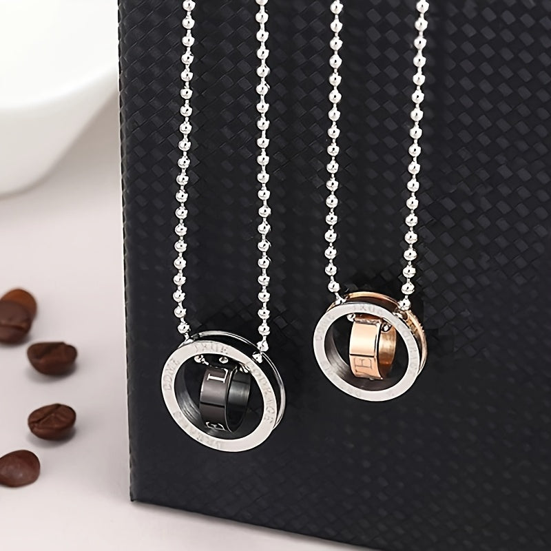 Wholesale Jewelry, Korean-Style Fashionable New Jewelry, Two-Color Double-Ring 201 201 Stainless Steel Couple Necklace