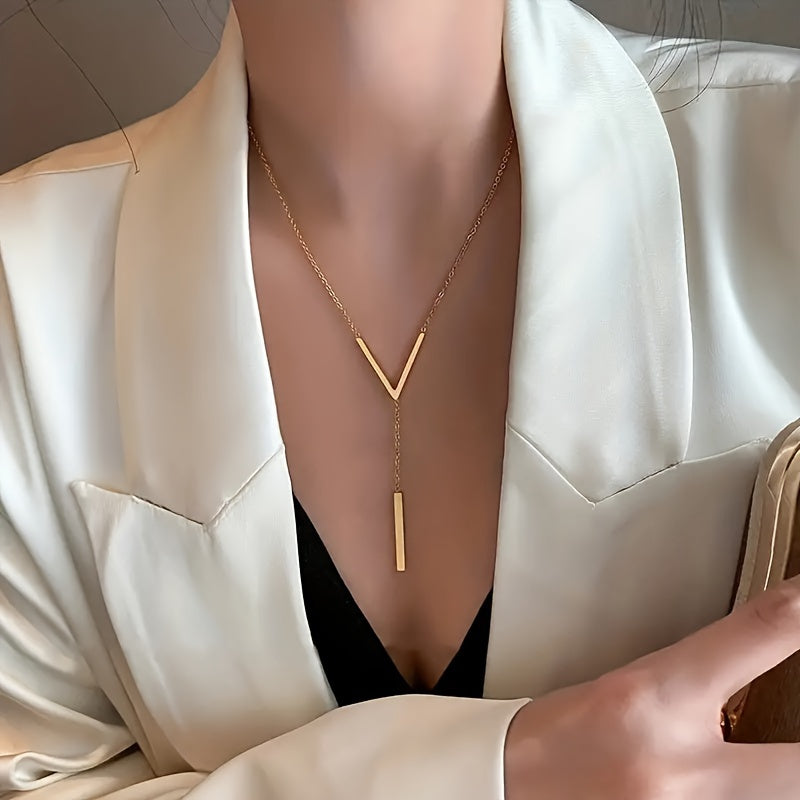 1pc Elegant V-Neck Long Pendant Necklace for Women - Minimalist Alloy Pendant for All Occasions