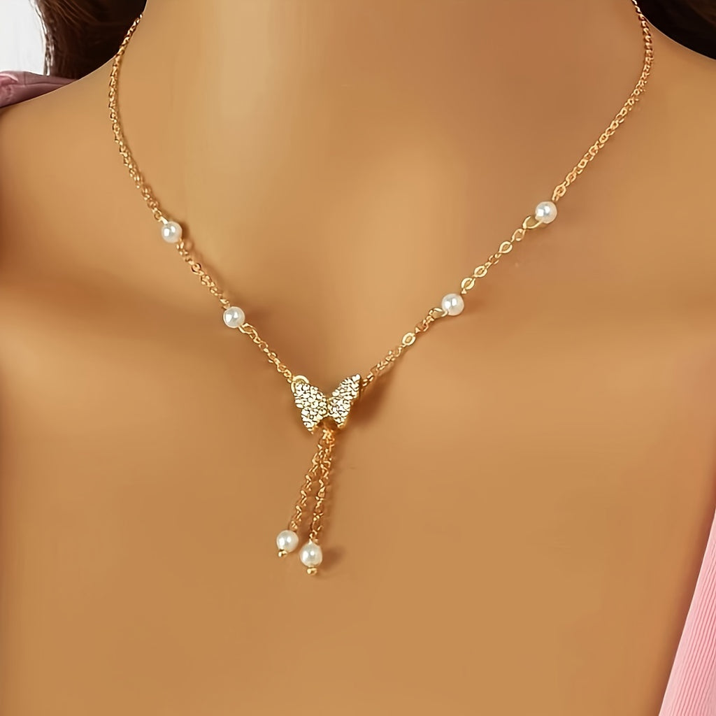 Women's Faux Pearl Butterfly Necklace, Creative Necklace, Jewelry For Party Wedding Banquet
