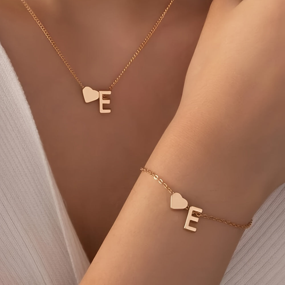 A Stylish And Minimalist Two-Piece Set Featuring a Metal Heart And English Letter Necklace And Bracelet, Perfect for Everyday Commuting Wear.