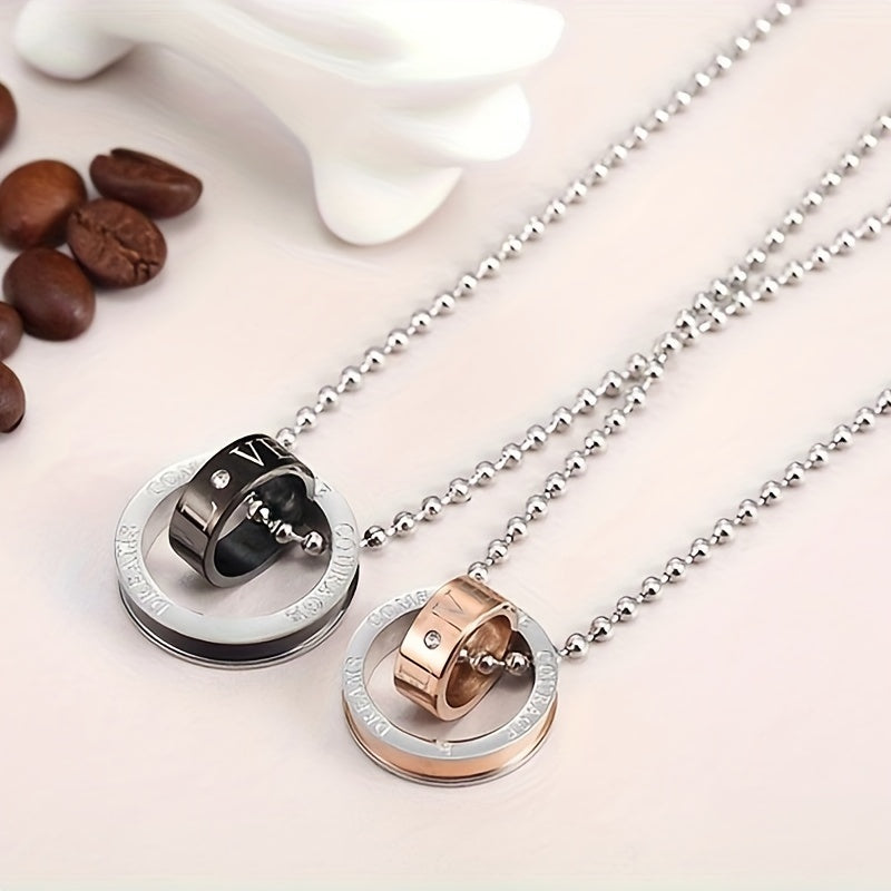 Wholesale Jewelry, Korean-Style Fashionable New Jewelry, Two-Color Double-Ring 201 201 Stainless Steel Couple Necklace