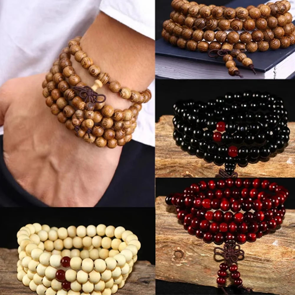 سوار من خشب الصندل الطبيعي للرجال، سوار من خرز بوذا البوذي للتأمل للنساء، 108 حبات مسبحة معلقة للزينة