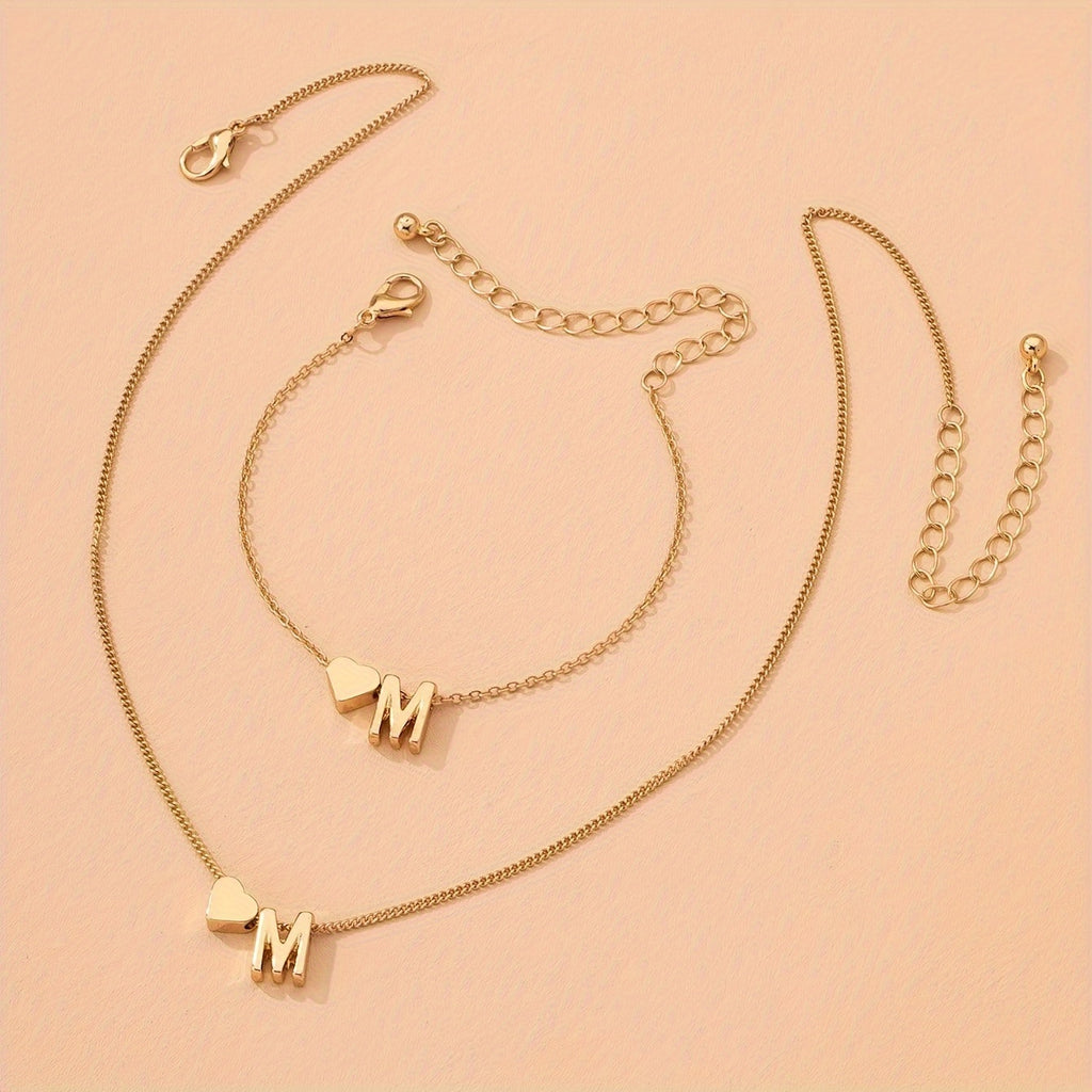 A Stylish And Minimalist Two-Piece Set Featuring a Metal Heart And English Letter Necklace And Bracelet, Perfect for Everyday Commuting Wear.