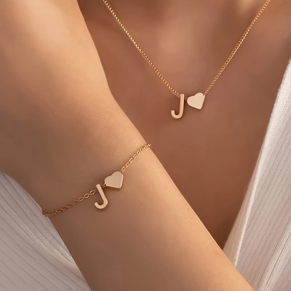 A Stylish And Minimalist Two-Piece Set Featuring a Metal Heart And English Letter Necklace And Bracelet, Perfect for Everyday Commuting Wear.