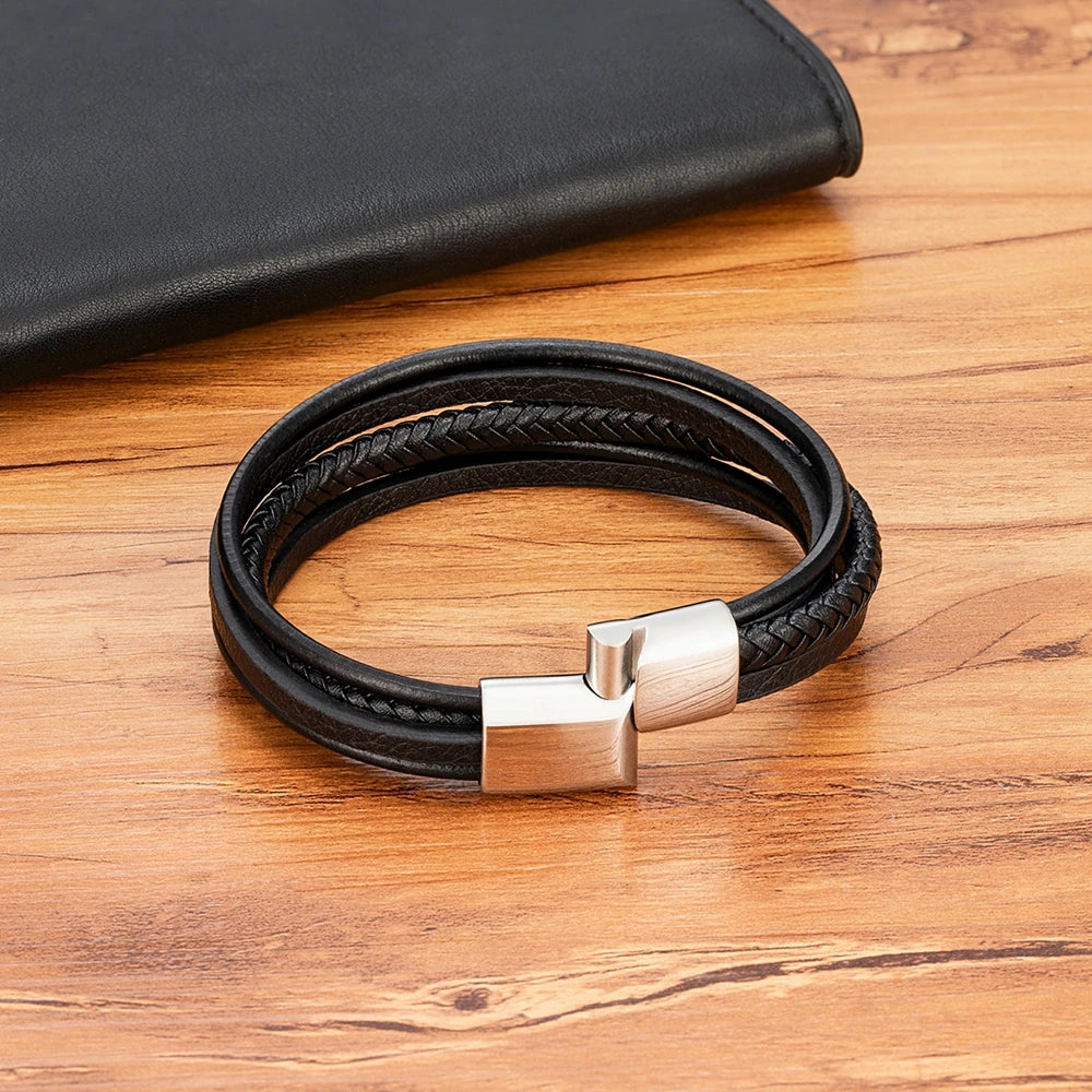 TYO Minimalist Men Bracelet 6 Colors Leather Multi-layer Stainless Steel Magnetic Clasp Accessories Simple Jewelry Bangle Gift