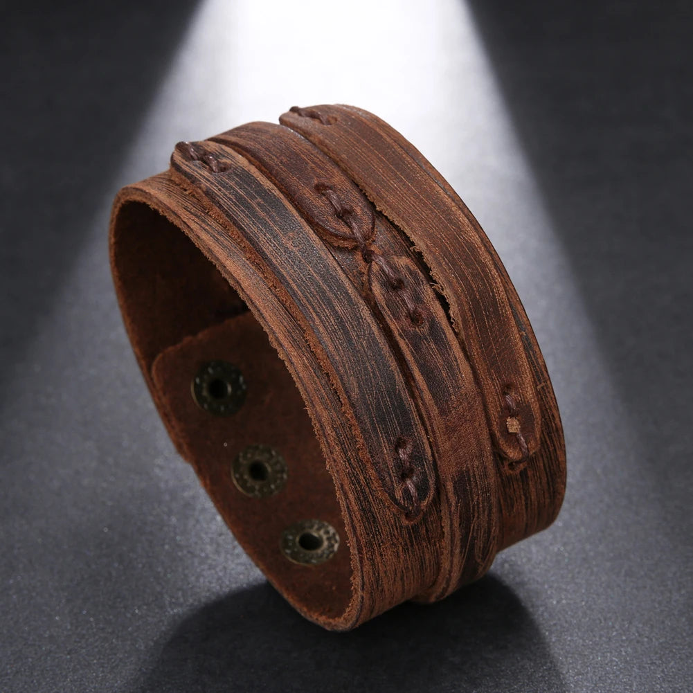 Trend Jewelry Vintage Handmade Weave Smooth Genuine Leather Bracelet Men Personalized Cuff Wide Leather Bracelet cuir homme