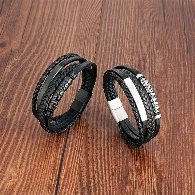 Multilayer Stainless Steel Insert Bracelet Viking Leather Bracelets for Men Braided Bangles Punk Jewelry Homme Accessories