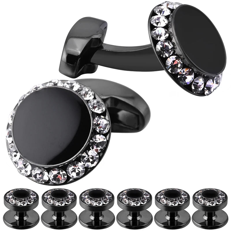 Luxury Cufflinks and Studs Set for Men,Classic Black Enamel&Crystal Tuxedo Shirt Cufflinks set for Wedding Jewelry Accessories