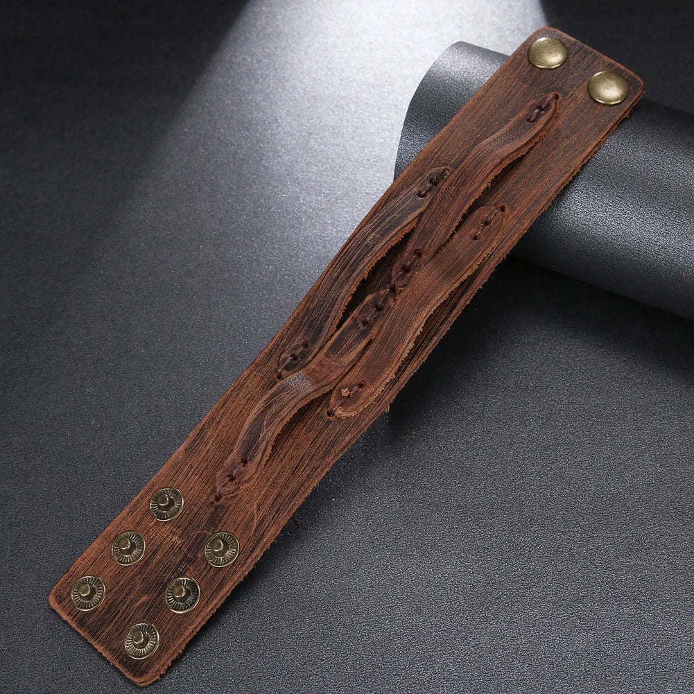 Trend Jewelry Vintage Handmade Weave Smooth Genuine Leather Bracelet Men Personalized Cuff Wide Leather Bracelet cuir homme