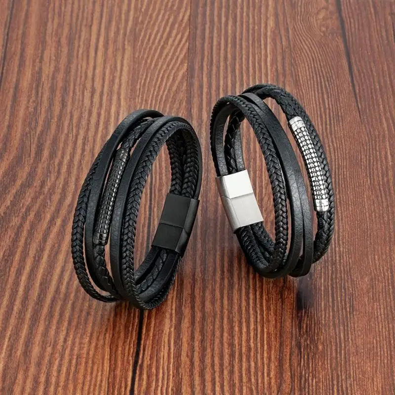 Multilayer Stainless Steel Insert Bracelet Viking Leather Bracelets for Men Braided Bangles Punk Jewelry Homme Accessories