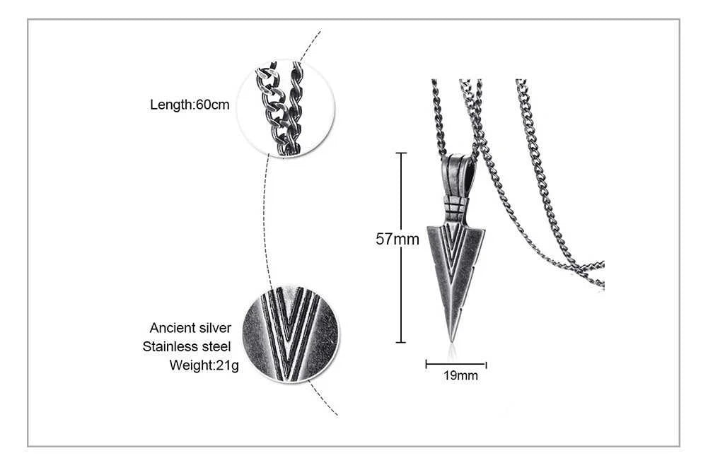 Mens Arrow Pendant Necklace for Men Stainless Steel Male Punk Retro Jewelry