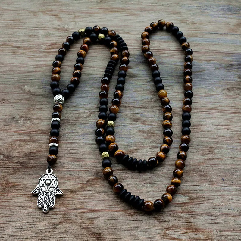 Unique Man's necklace with 6mm Natural stone beads and Hamsa Pendant Necklace Dropshipping