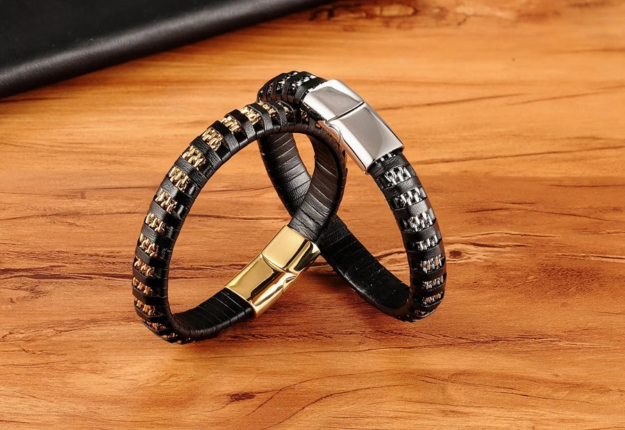 XQNI Stainless Steel Leather Bracelet For Mens Chain Charm Jewelry Magnetic Clasp Bangle for Dad Boyfriend Lover Birthday Gifts