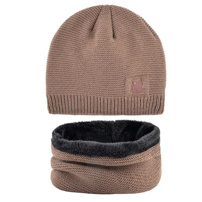 Men Winter Hat Scarf Sets Fashion Maple Leaf Knitted Skullies Beanies Man Thick Add Velvet Knit Bonnet Cap Boys Scarves Set