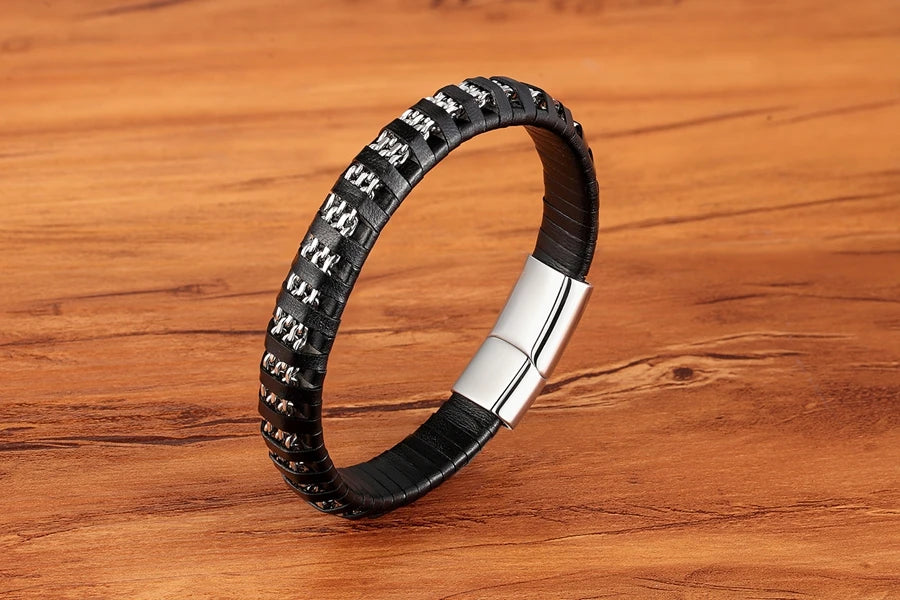 XQNI Stainless Steel Leather Bracelet For Mens Chain Charm Jewelry Magnetic Clasp Bangle for Dad Boyfriend Lover Birthday Gifts