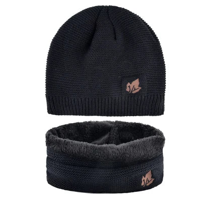 Men Winter Hat Scarf Sets Fashion Maple Leaf Knitted Skullies Beanies Man Thick Add Velvet Knit Bonnet Cap Boys Scarves Set