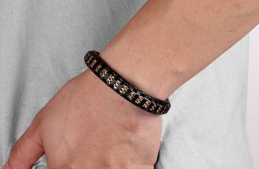 XQNI Stainless Steel Leather Bracelet For Mens Chain Charm Jewelry Magnetic Clasp Bangle for Dad Boyfriend Lover Birthday Gifts