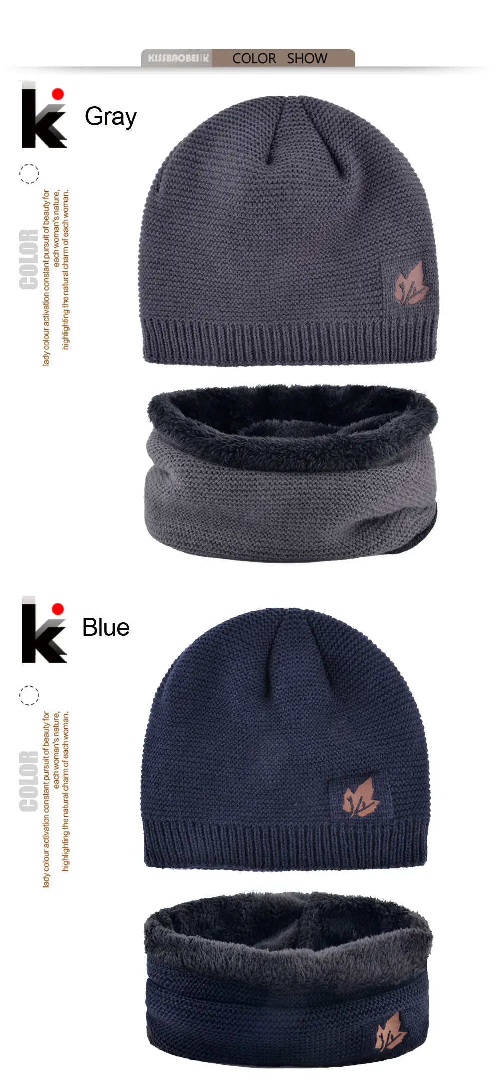 Men Winter Hat Scarf Sets Fashion Maple Leaf Knitted Skullies Beanies Man Thick Add Velvet Knit Bonnet Cap Boys Scarves Set