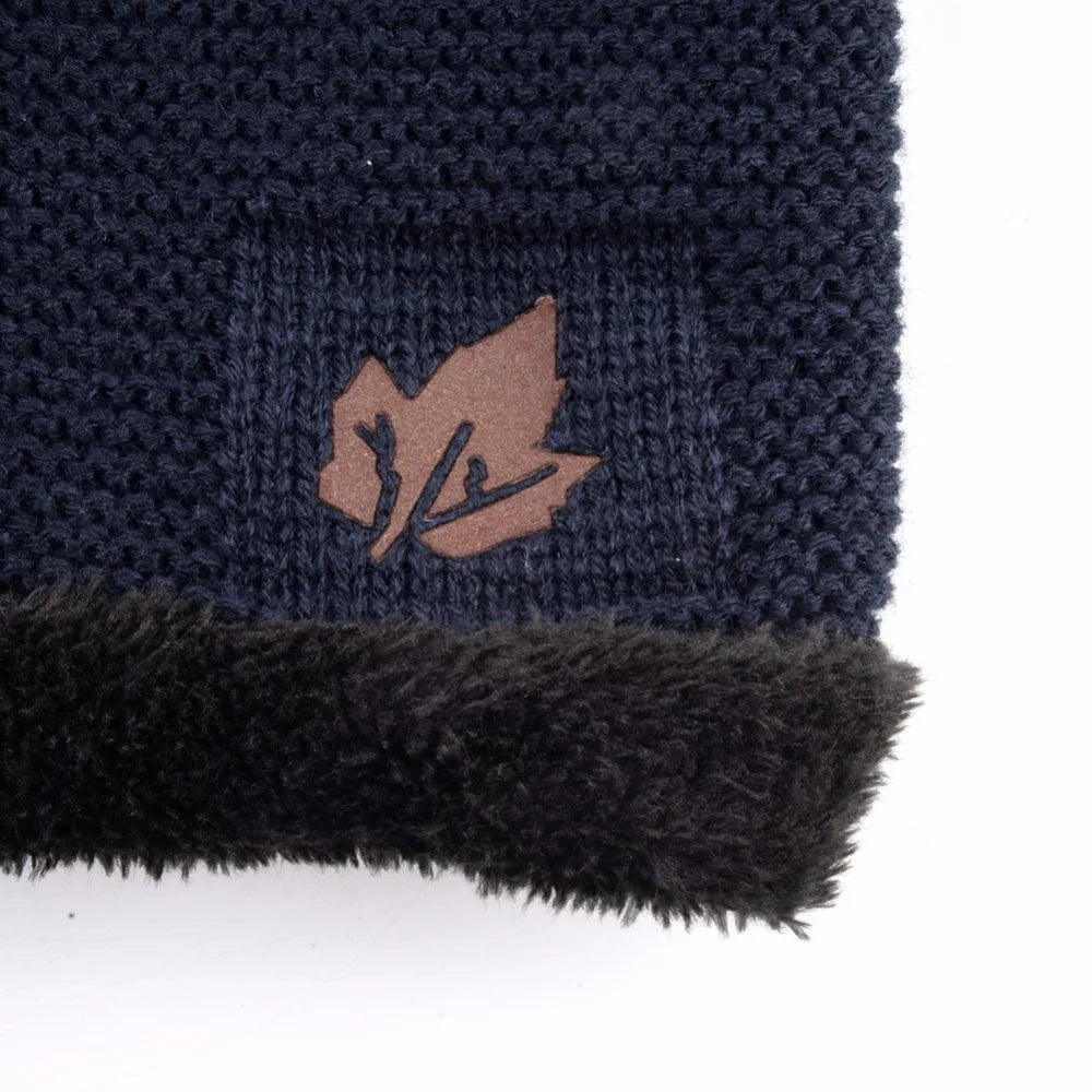 Men Winter Hat Scarf Sets Fashion Maple Leaf Knitted Skullies Beanies Man Thick Add Velvet Knit Bonnet Cap Boys Scarves Set