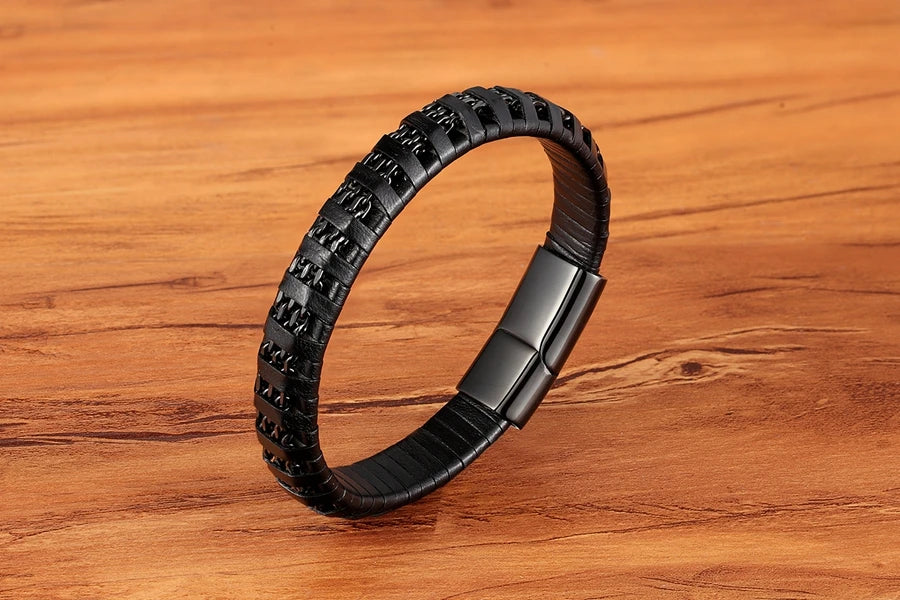 XQNI Stainless Steel Leather Bracelet For Mens Chain Charm Jewelry Magnetic Clasp Bangle for Dad Boyfriend Lover Birthday Gifts