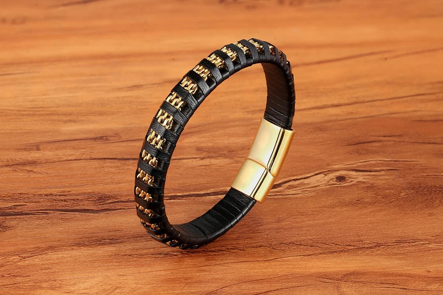 XQNI Stainless Steel Leather Bracelet For Mens Chain Charm Jewelry Magnetic Clasp Bangle for Dad Boyfriend Lover Birthday Gifts