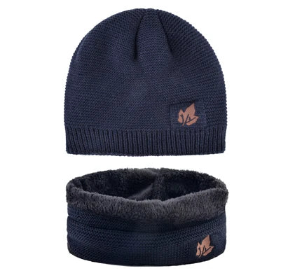 Men Winter Hat Scarf Sets Fashion Maple Leaf Knitted Skullies Beanies Man Thick Add Velvet Knit Bonnet Cap Boys Scarves Set