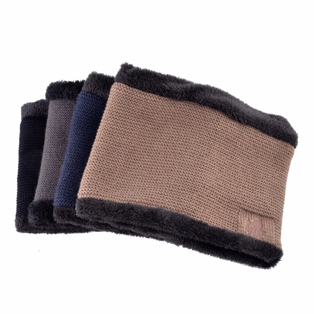 Men Winter Hat Scarf Sets Fashion Maple Leaf Knitted Skullies Beanies Man Thick Add Velvet Knit Bonnet Cap Boys Scarves Set