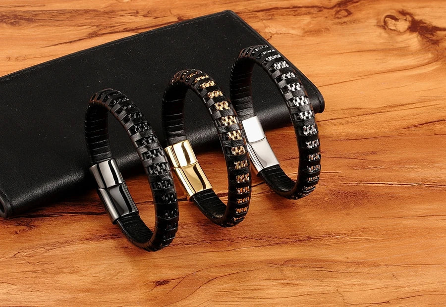XQNI Stainless Steel Leather Bracelet For Mens Chain Charm Jewelry Magnetic Clasp Bangle for Dad Boyfriend Lover Birthday Gifts