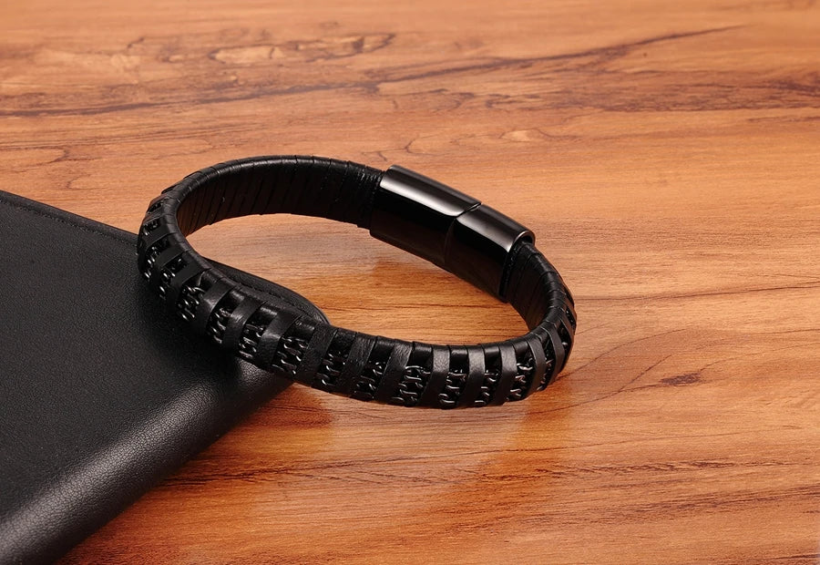 XQNI Stainless Steel Leather Bracelet For Mens Chain Charm Jewelry Magnetic Clasp Bangle for Dad Boyfriend Lover Birthday Gifts