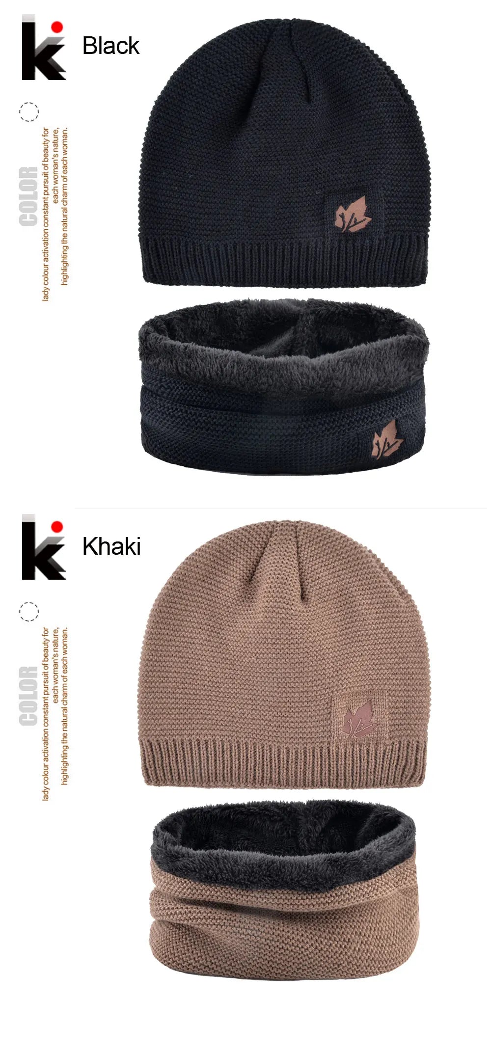 Men Winter Hat Scarf Sets Fashion Maple Leaf Knitted Skullies Beanies Man Thick Add Velvet Knit Bonnet Cap Boys Scarves Set