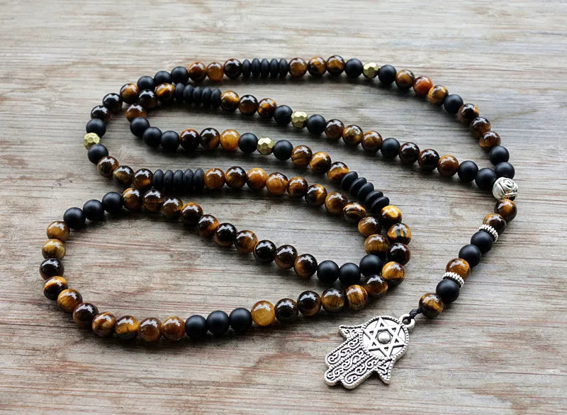 Unique Man's necklace with 6mm Natural stone beads and Hamsa Pendant Necklace Dropshipping