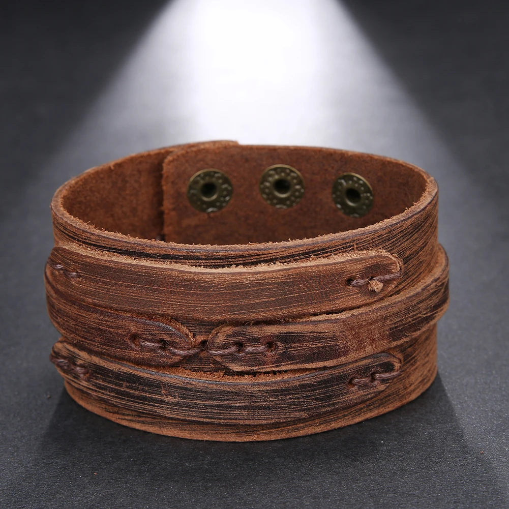 Trend Jewelry Vintage Handmade Weave Smooth Genuine Leather Bracelet Men Personalized Cuff Wide Leather Bracelet cuir homme