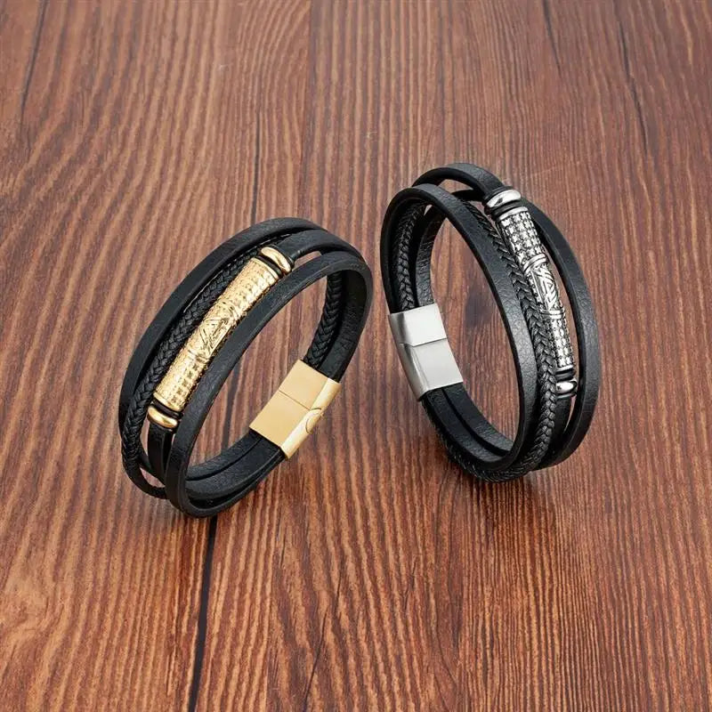 Multilayer Stainless Steel Insert Bracelet Viking Leather Bracelets for Men Braided Bangles Punk Jewelry Homme Accessories