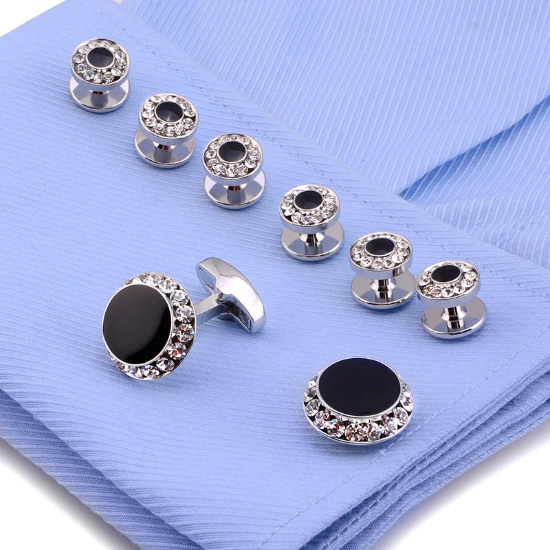 Luxury Cufflinks and Studs Set for Men,Classic Black Enamel&Crystal Tuxedo Shirt Cufflinks set for Wedding Jewelry Accessories