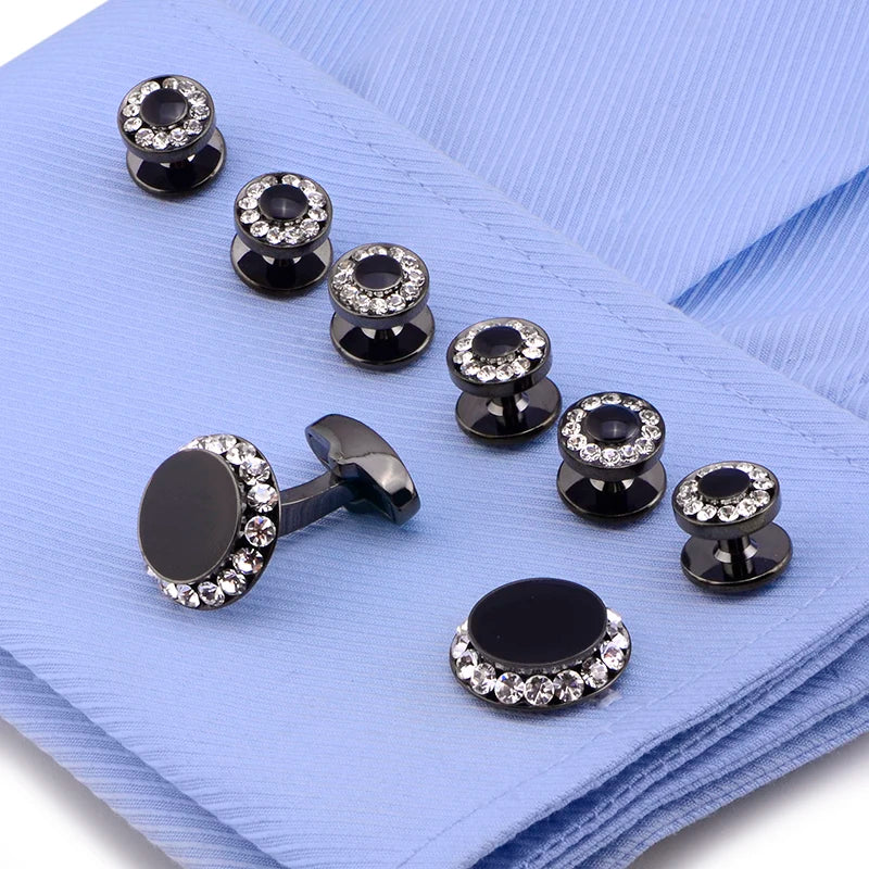 Luxury Cufflinks and Studs Set for Men,Classic Black Enamel&Crystal Tuxedo Shirt Cufflinks set for Wedding Jewelry Accessories