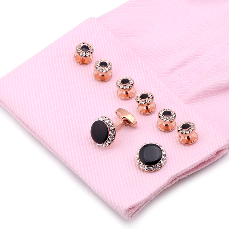 Luxury Cufflinks and Studs Set for Men,Classic Black Enamel&Crystal Tuxedo Shirt Cufflinks set for Wedding Jewelry Accessories