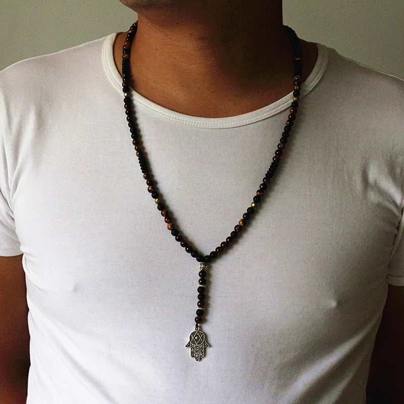 Unique Man's necklace with 6mm Natural stone beads and Hamsa Pendant Necklace Dropshipping