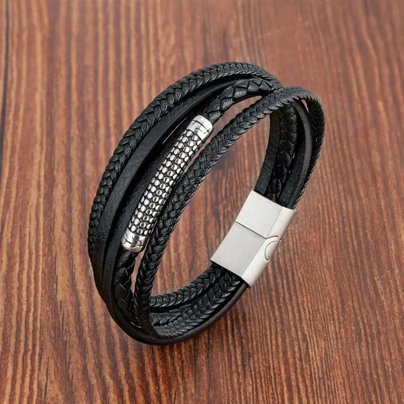 Multilayer Stainless Steel Insert Bracelet Viking Leather Bracelets for Men Braided Bangles Punk Jewelry Homme Accessories