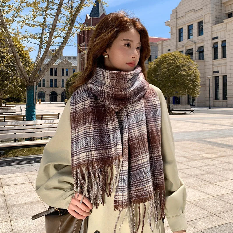 Women's Fashion Scarf New Sweet Style Sacrf Autumn Winter Checkered Scarf New Versatile Warm Couple's Scarf Shawl Korean Style