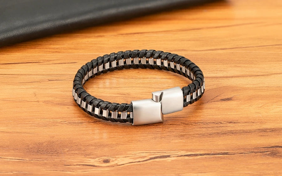 XQNI Stainless Steel Leather Bracelet For Mens Chain Charm Jewelry Magnetic Clasp Bangle for Dad Boyfriend Lover Birthday Gifts
