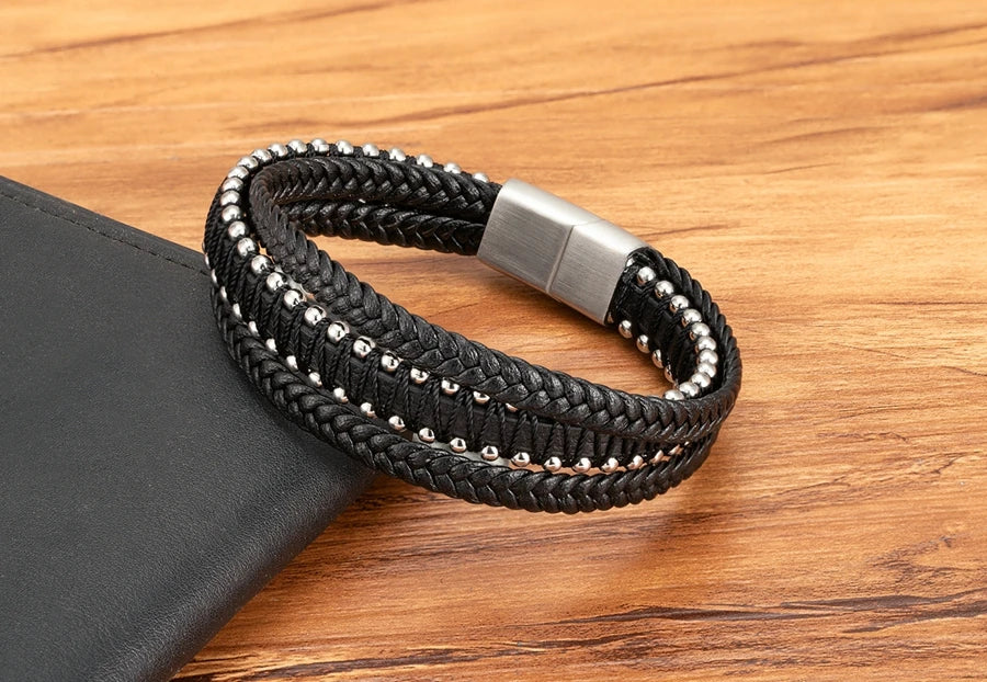 XQNI Stainless Steel Leather Bracelet For Mens Chain Charm Jewelry Magnetic Clasp Bangle for Dad Boyfriend Lover Birthday Gifts