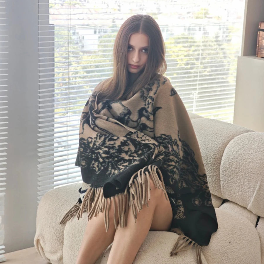Women's Shawl Vintage Pattern (Beige/Black) Fringe Decor Soft Warm for Autumn Winter Daily Home Casual Fashion Accessory