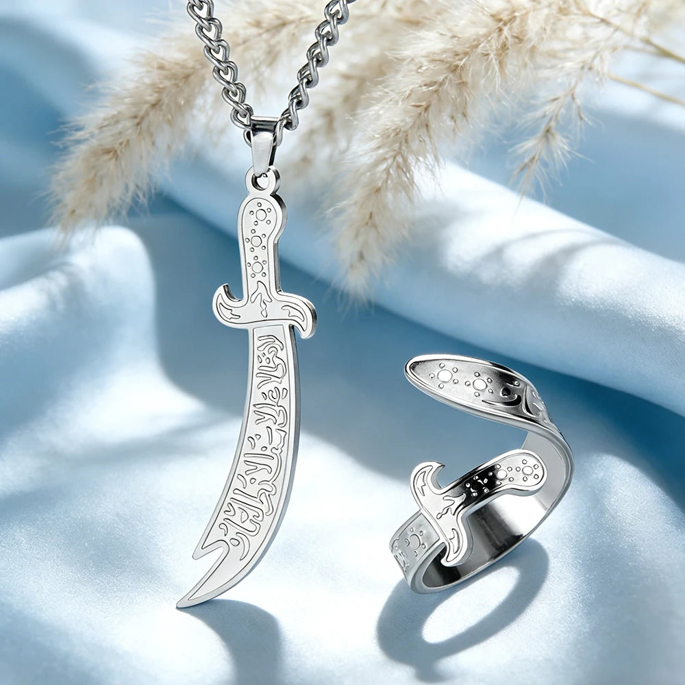 Dawapara Imam Ali Zulfiqar Sword Jewelry Set Arabic Necklace Ring Islamic Muslim Jewelry Stainless Steel  Religious Gift